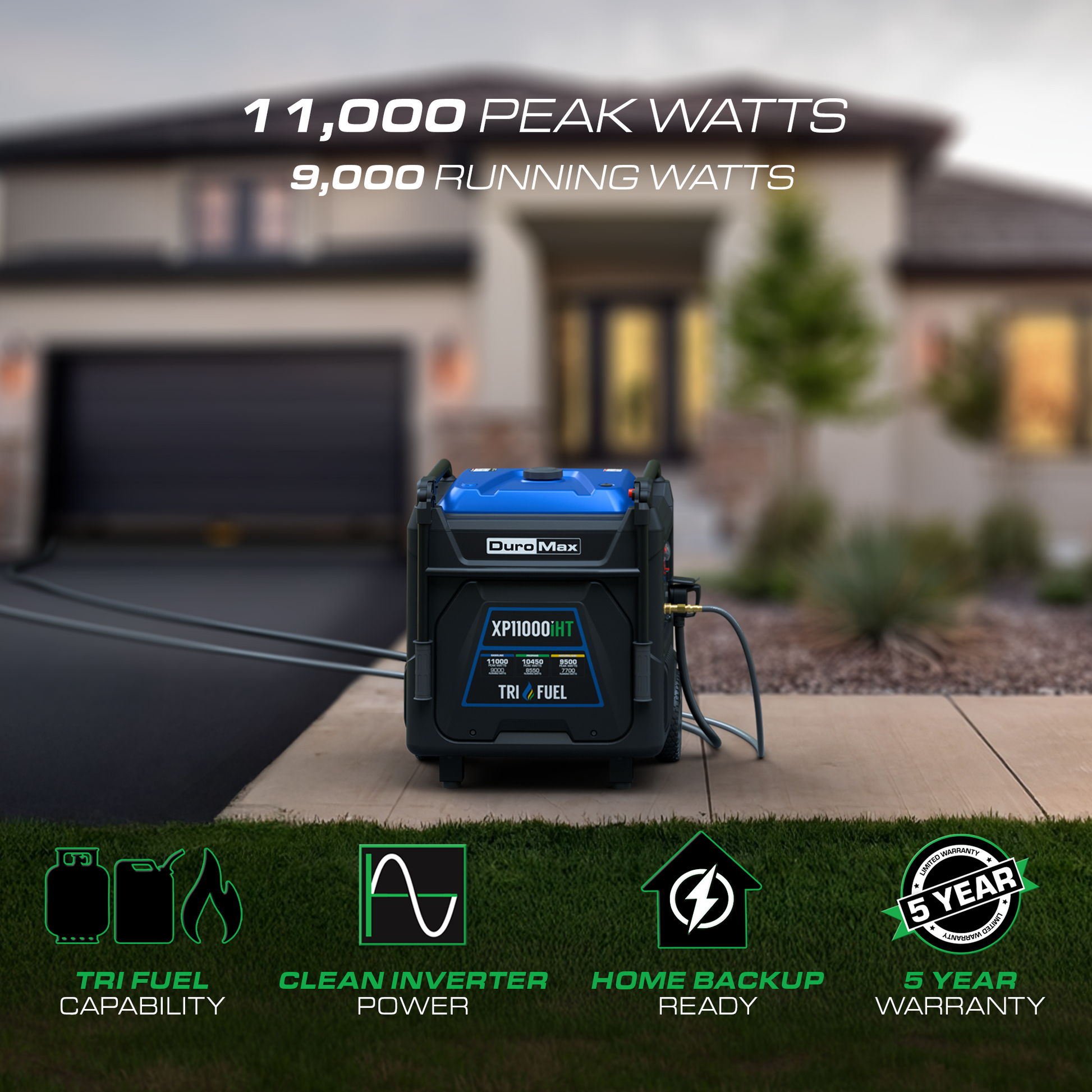 11,000 Watt Portable Tri Fuel Inverter Generator - Quiet, Low THD