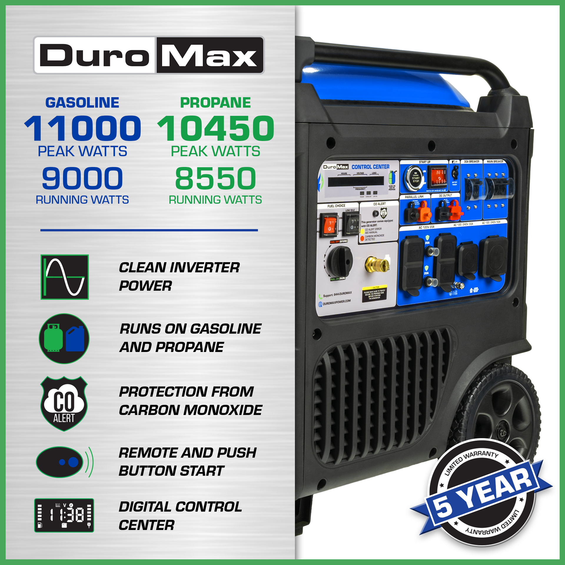 11,000 Watt Portable Dual Fuel Inverter Generator - Quiet, Low THD