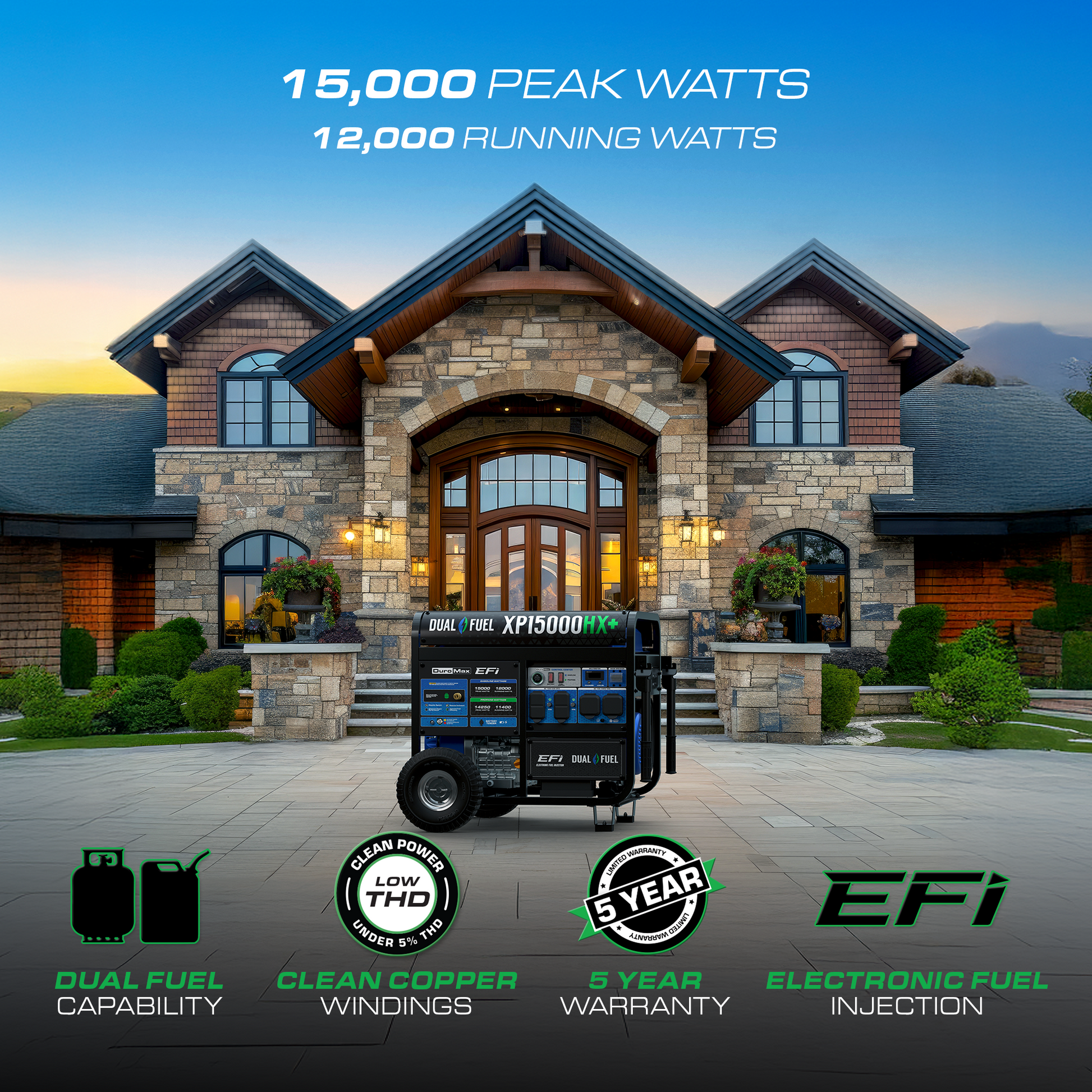15,000 Watt Electric Start Dual Fuel EFI Portable Generator
