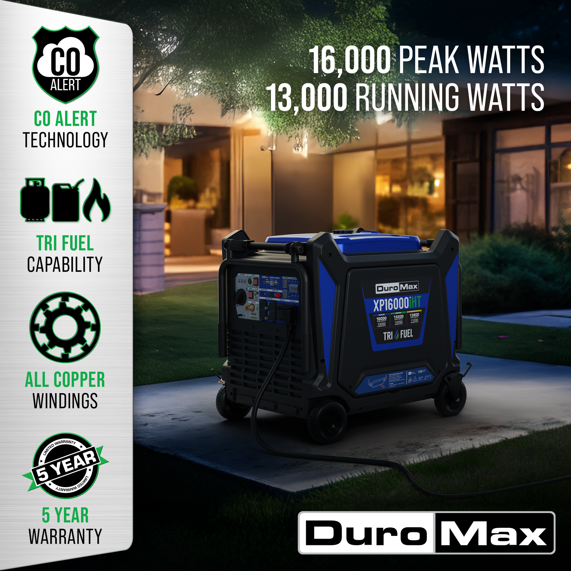 16,000 Watt Portable Tri Fuel Inverter Generator - Quiet, Low THD