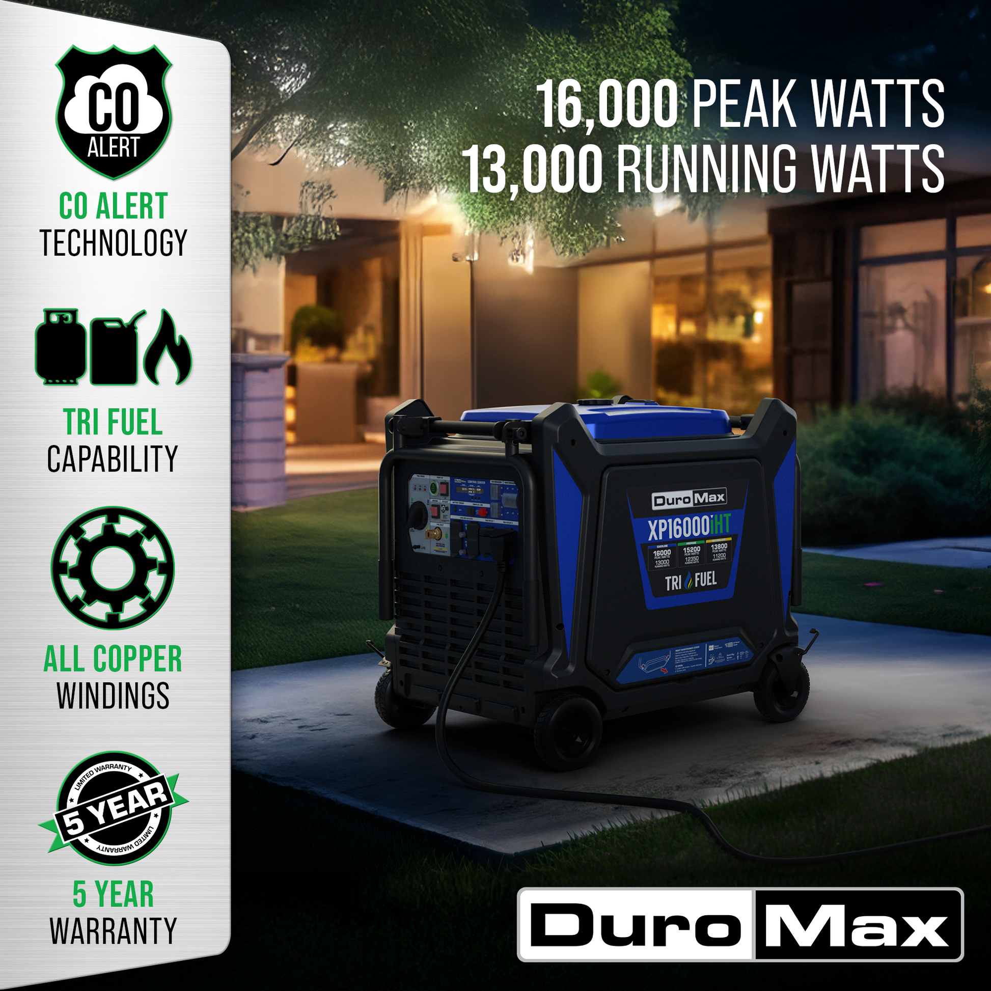 16,000 Watt Portable Tri Fuel Inverter Generator - Quiet, Low THD