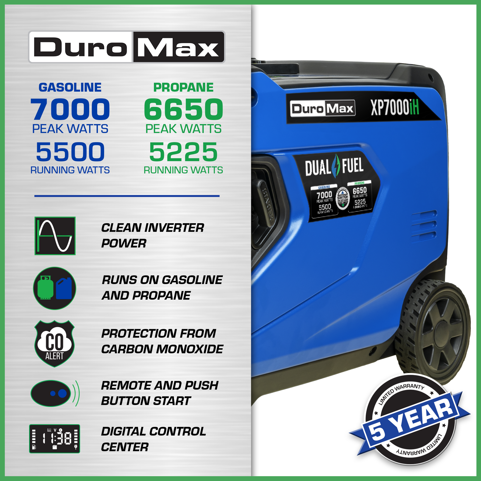 7,000 Watt Portable Dual Fuel Inverter Generator - Quiet, Low THD