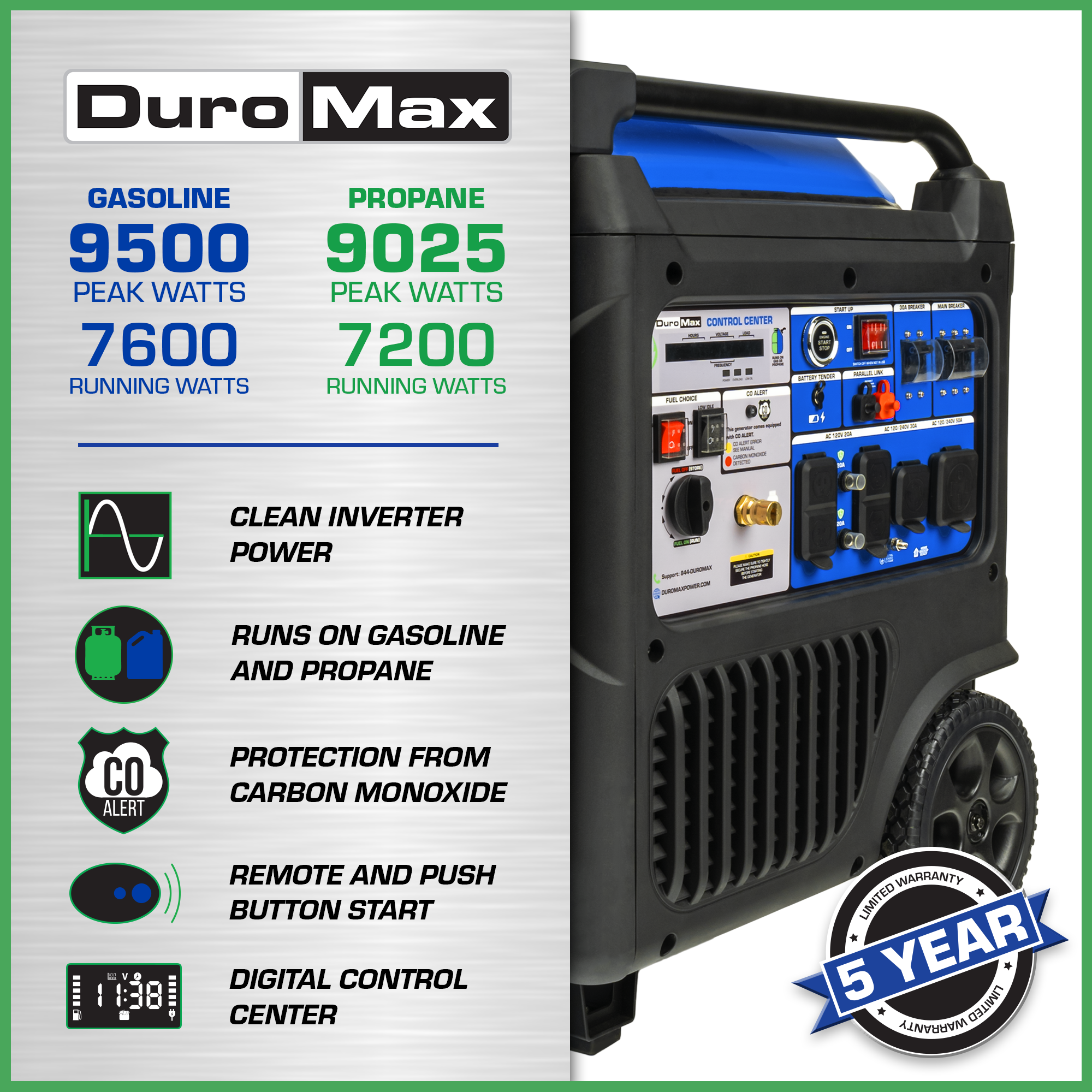 9,500 Watt Portable Dual Fuel Inverter Generator - Quiet, Low THD